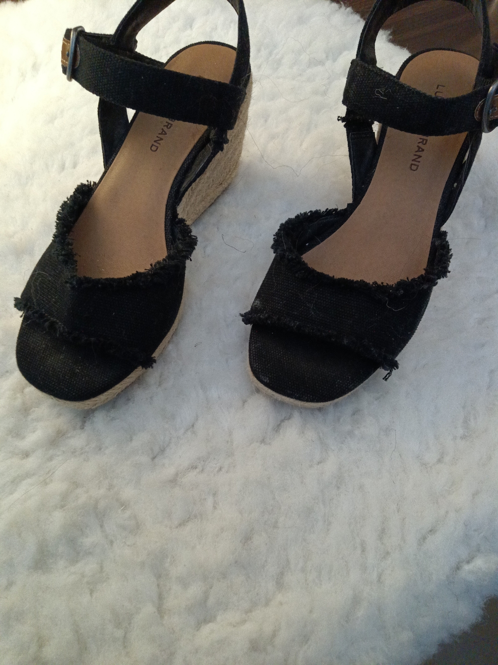 Lucky Brand Black Frayed Fabric Wedge Sandals
